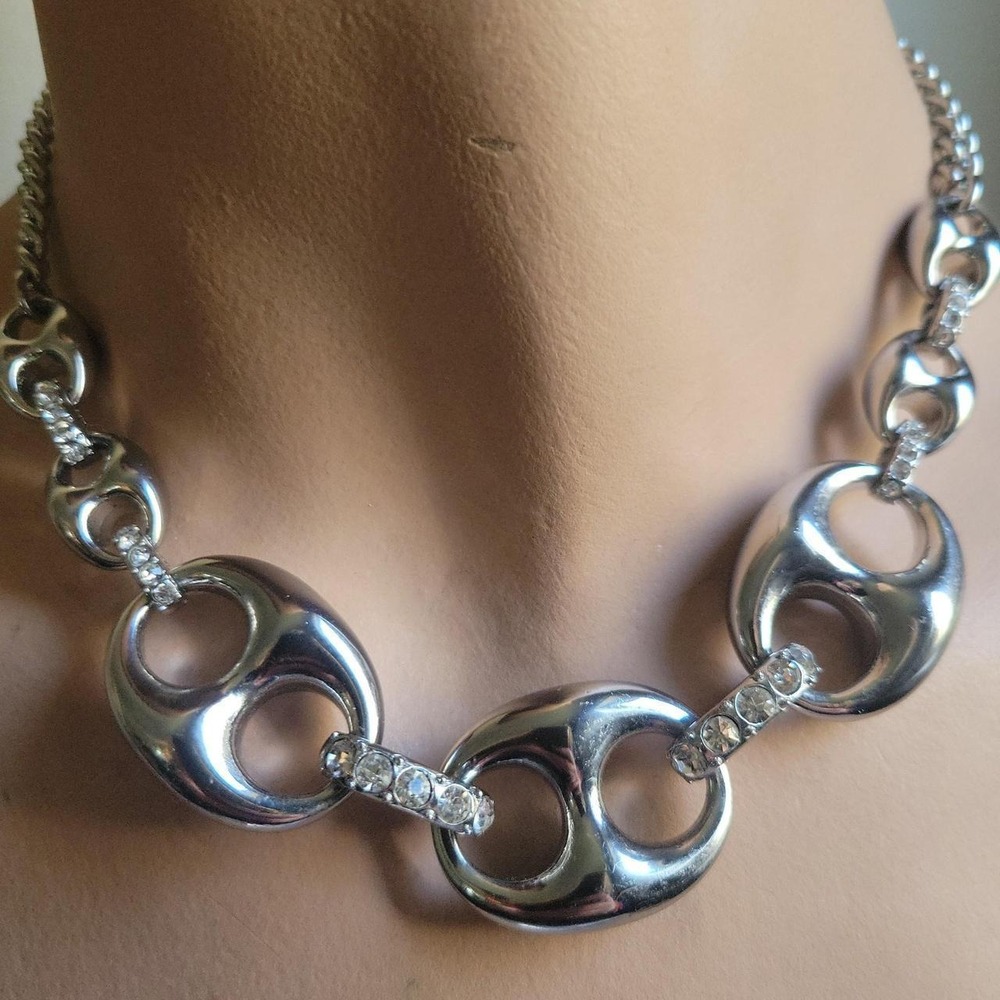Vtg Anne Taylor Silver Tone Rhinestone Marine Link Necklace 16-18.5" Cybercore